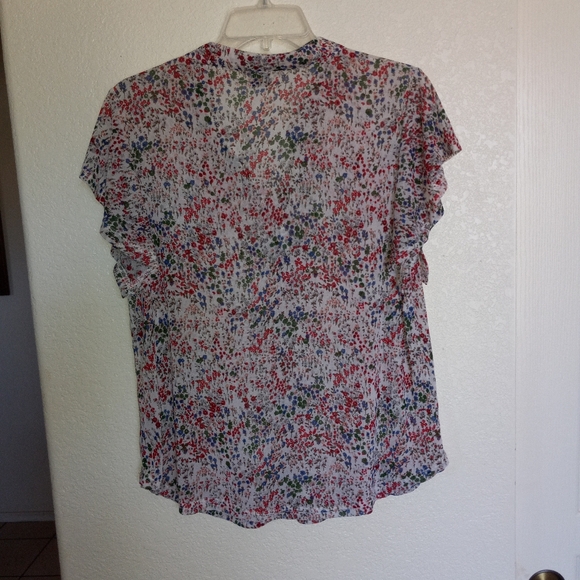 AMANG NY  sheer colorful blouse Blues Reds greens M ruffle sleeve v-neck floral - Picture 2 of 6